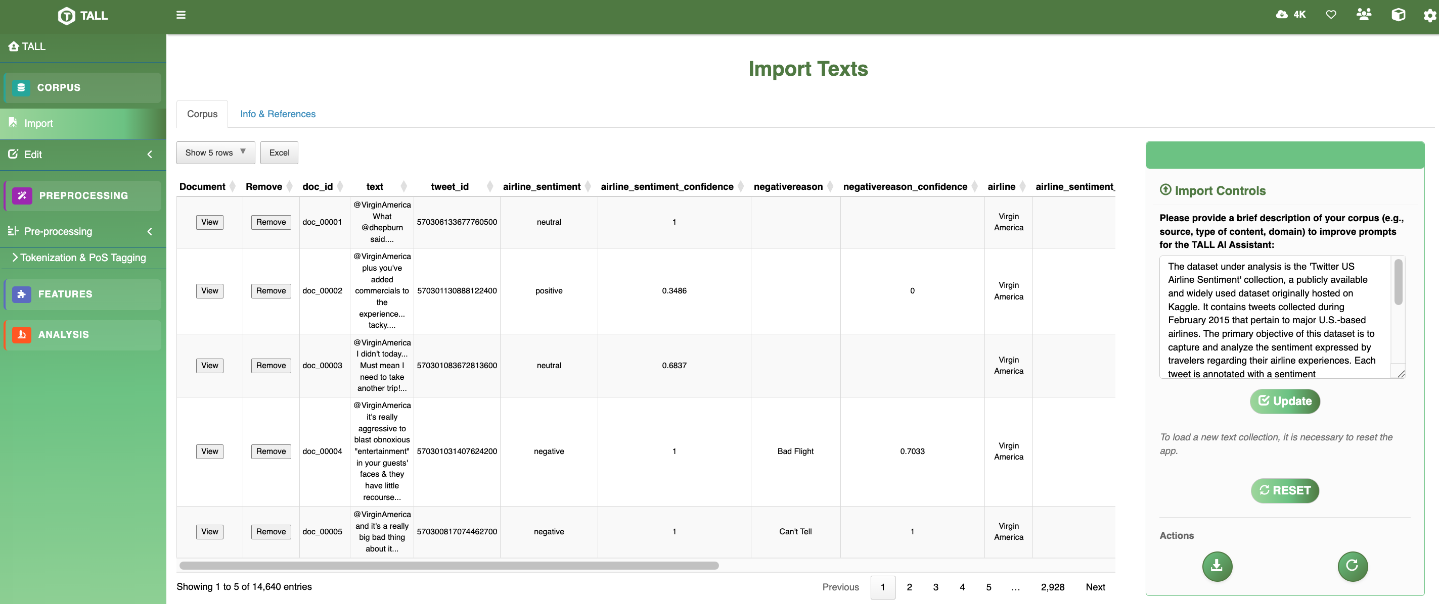 TALL data import interface with AI-assisted context