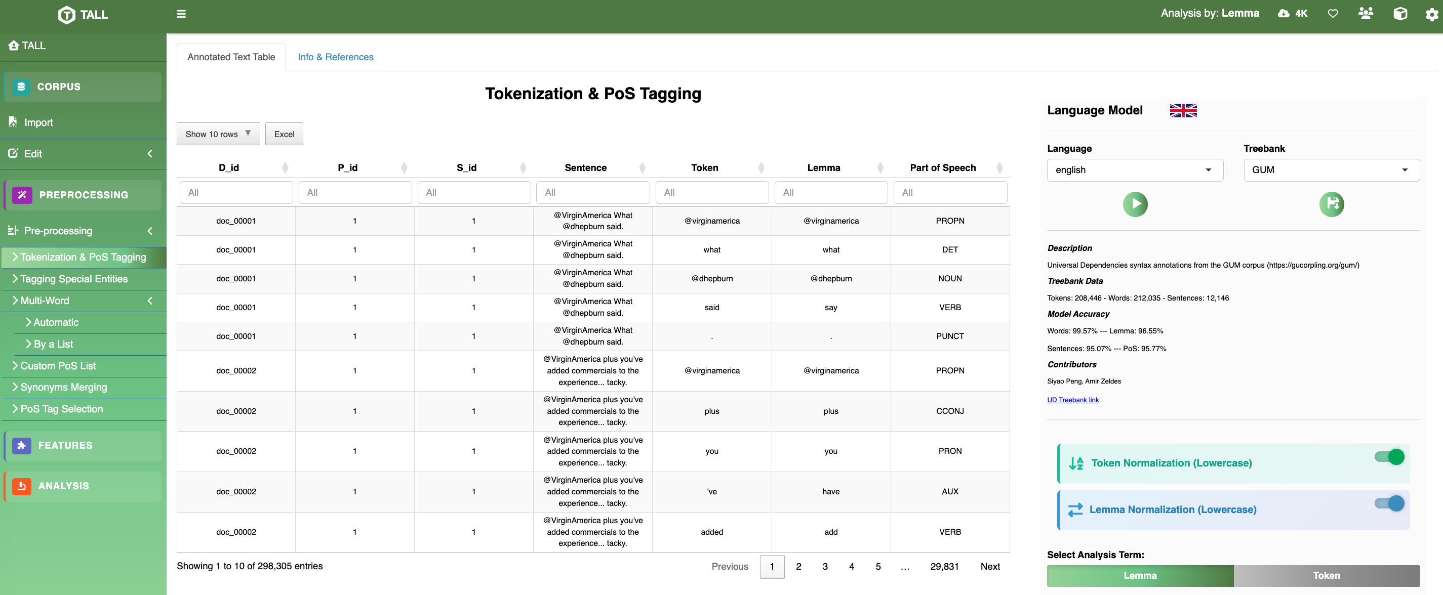 TALL tokenization and PoS tagging output